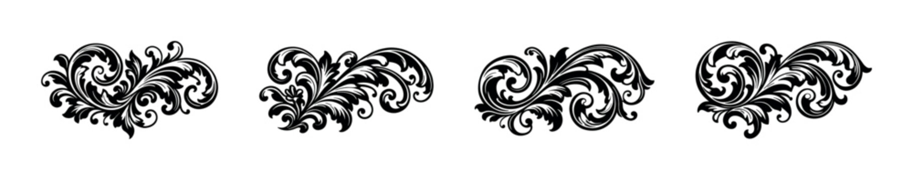 Set of four ornate black floral scrollwork elements on a white background