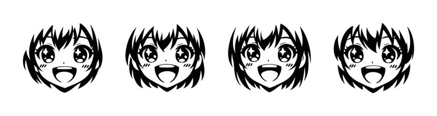 Obraz premium Four identical anime girl faces with sparkling eyes and wide smiles