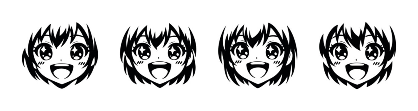 Four identical anime girl faces with sparkling eyes and wide smiles