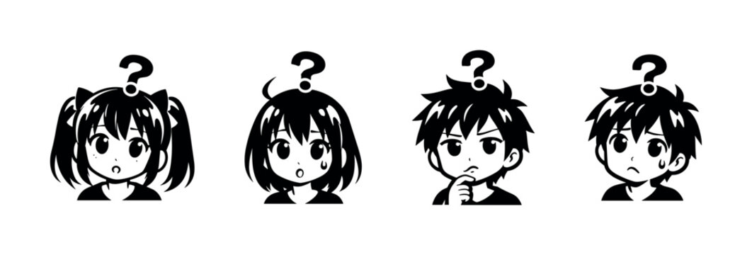 Four anime characters with question marks above their heads expressing confusion