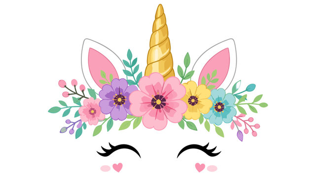 Whimsical unicorn face with floral crown and heart accents on white background