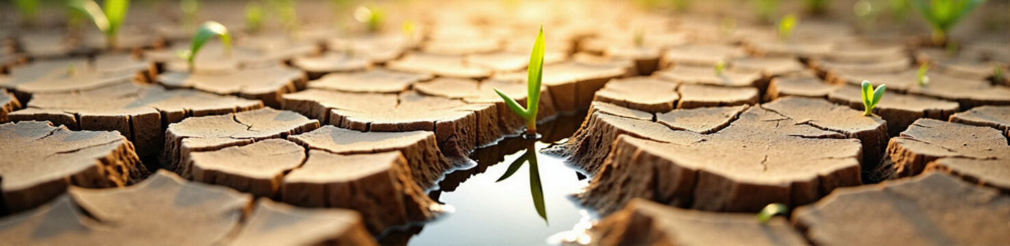 Resilient green sprout growing next to a water puddle in cracked parched soil. Small plant emerging from dry fractured earth under golden sunlight. Drought recovery and water scarcity concept