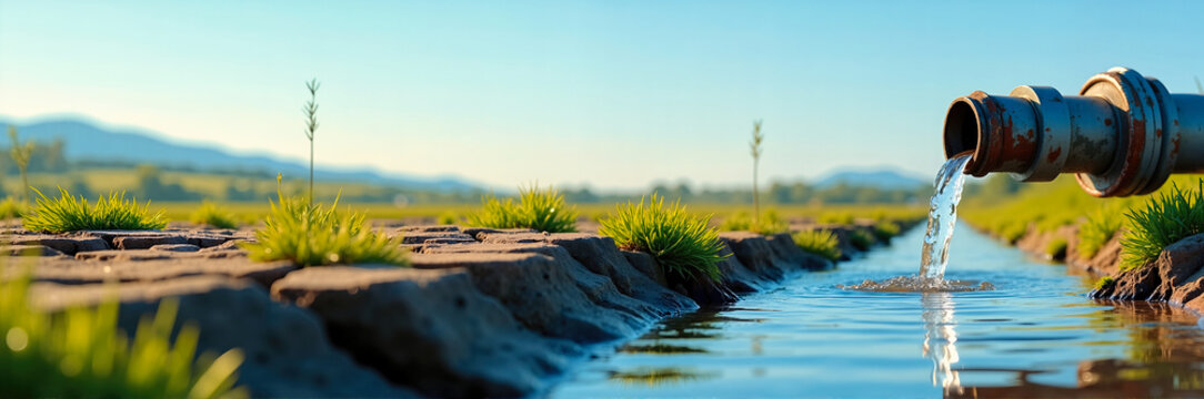 Clear water flowing from a weathered metal pipe onto cracked dry earth. Vibrant green grass growing along an irrigation channel. Agricultural water supply and drought relief concept