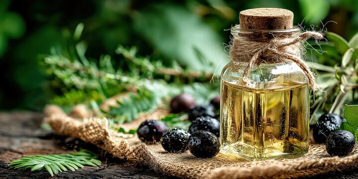 Golden botanical oil bottle with juniper berries for natural wellness packaging.
