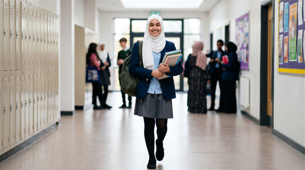 Fototapeta premium Muslim Teen Girl Walking in School Corridor with Books