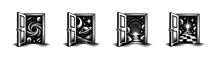 Open doors revealing portals to different cosmic scenes and pathways © UnIcons