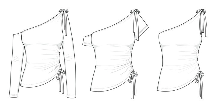 Fashion design flat sketch of women's one shoulder gathered top with adjustable ties.