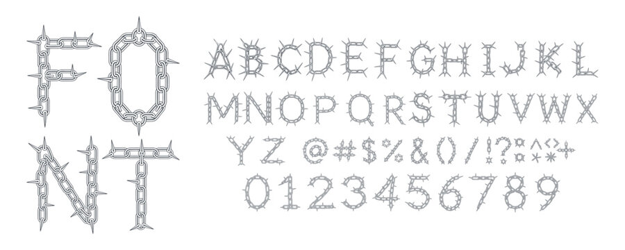 Alphabet letters and numbers of steel chain letters with sharp spikes on a light transparent isolated background.