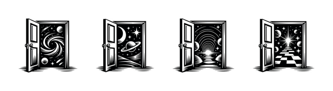 Open doors revealing portals to different cosmic scenes and pathways