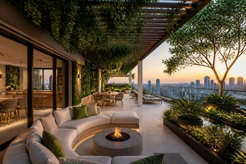 Obraz premium Rooftop terrace seating area overlooking city skyline at sunset
