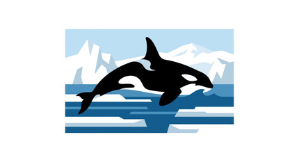 Orca jumping out of water in an arctic landscape. © mazayaaba