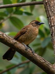 Obraz premium Brown friarbird with blue eye and dark beak rests on tree branch. Bird has light stripe above eye, grey legs grasp wood. Background is green foliage out of focus.