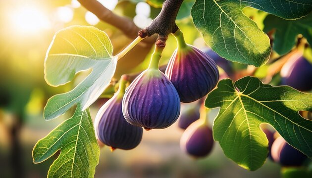 ripe purple figs hanging from a tree branch with green leaves in a sunny orchard fresh healthy food