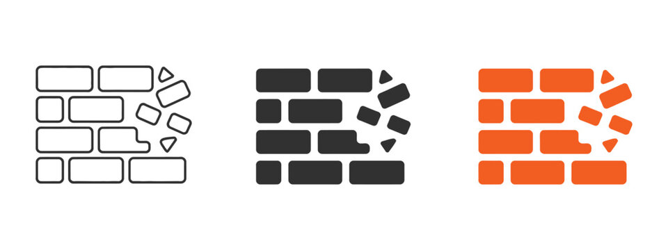 Demolition Brick Wall Icon for Construction Safety, Building Destruction, Site Clearance, and Structural Removal Process Symbol, vector design
