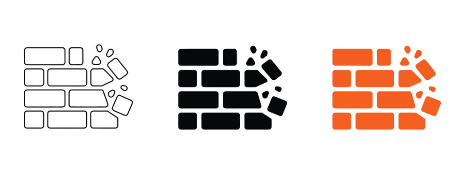 Demolition Brick Wall Icon Representing Construction Site Safety, Wall Breaking, Infrastructure Removal, and Engineering Work Concepts, vector design