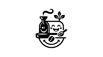 Smiling locomotive train mascot carrying coffee beans. © Maxim