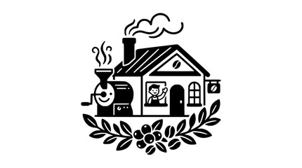 Coffee roaster house with train engine and leafy base. © Maxim