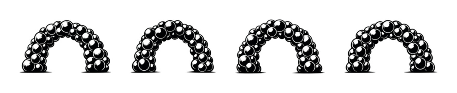 Four black balloon arches arranged in a row on a white background