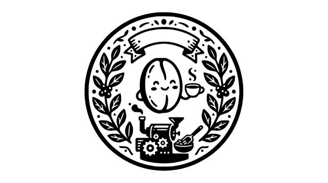 Smiling coffee bean character holding cup in circular wreath.