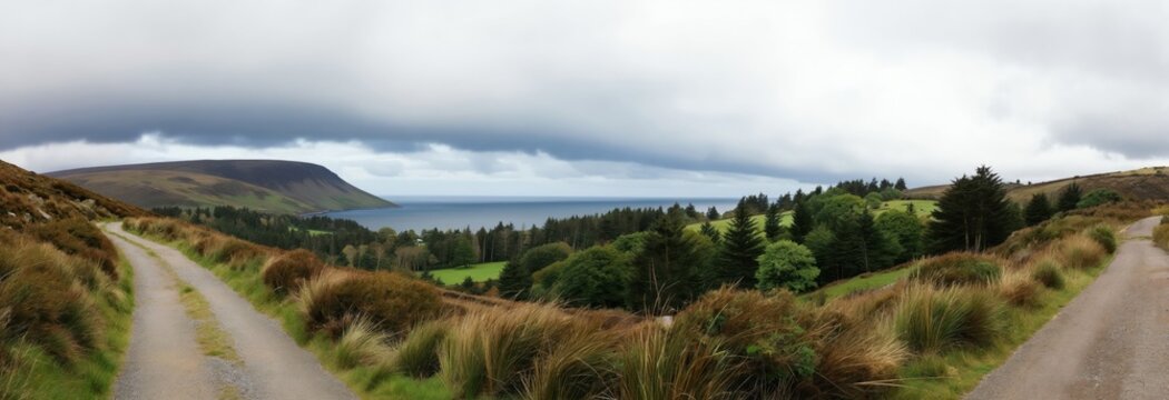 Scenic panorama of Benbulbin mountain and coastal forest leading to the sea. A winding dirt road invites exploration through green fields under a dramatic cloudy sky.