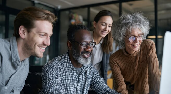 four diverse colleagues gathered around a computer monitor smiling group of people business team col