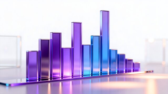 Colorful glass bar chart on reflective surface