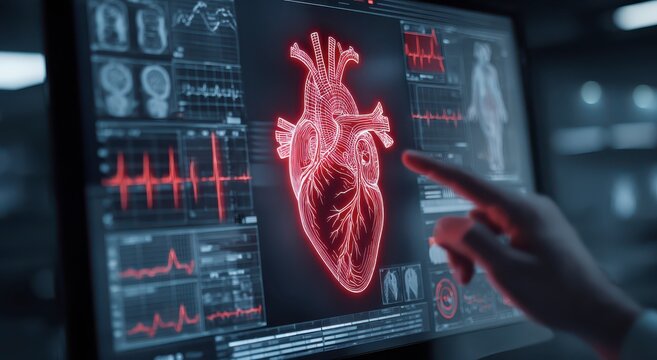 a person interacting with a futuristic medical interface displaying a heart close up detail view nat