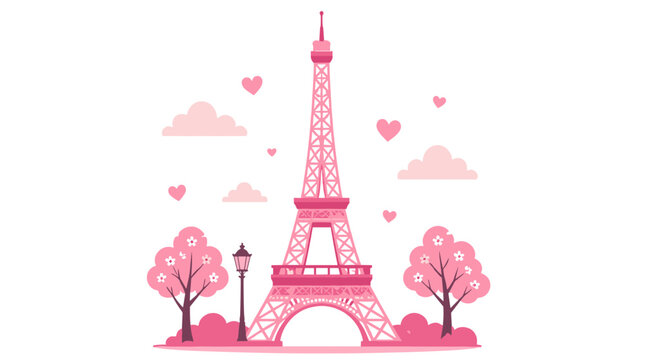 Charming pink Eiffel Tower illustration with hearts and trees in Parisian landscape