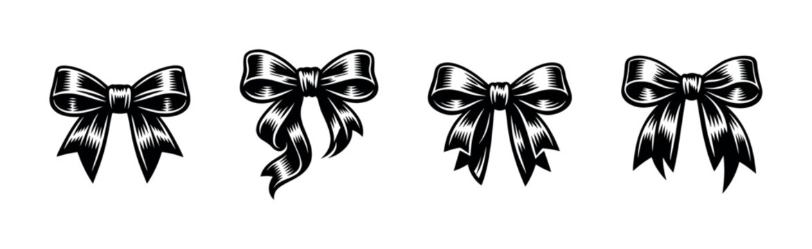 Collection of four distinct black bow tie illustrations on a white background
