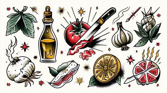 Traditional old school tattoo flash sheet elements collection featuring cooking ingredients like garlic, tomato, olive oil, onion, lemon slice and kitchen knife, retro culinary  design.
