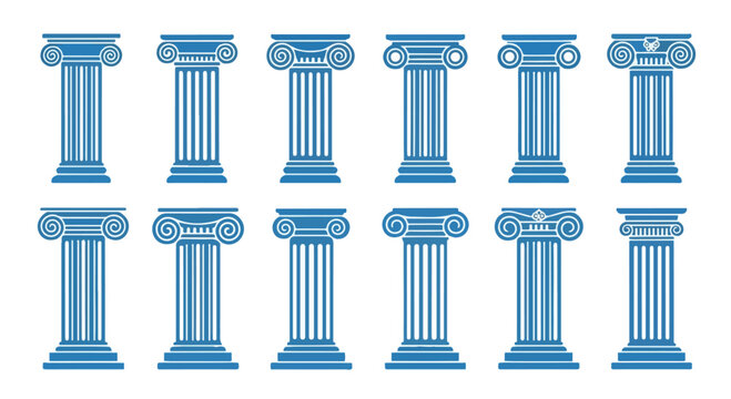 Set of various blue ancient Greek or Roman style columns and pillars on white background