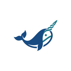 Minimalist blue narwhal whale logo with curved tusk © omarudinfaridkamar