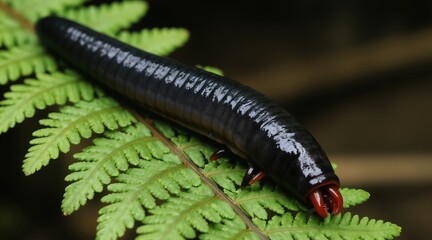 Obraz premium Black leech rests on green fern leaf. Macro shot shows segmented body and red mouthparts. Parasite shows its anatomy in nature, close-up view of wildlife.