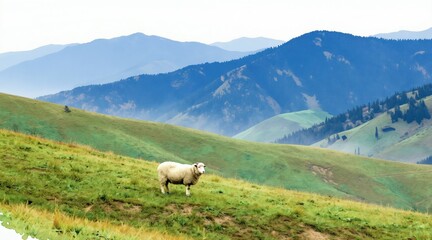 Fototapeta premium Lone white sheep stands on a green grassy slope. Rolling hills extend to distant blue mountains under a soft hazy sky. Rural scenic nature art.