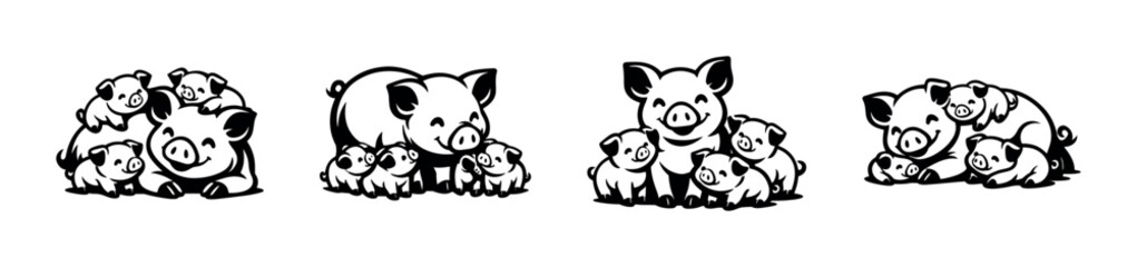 Adorable cartoon pig family with piglets in various playful poses © Compositor 