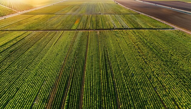overhead view of rows of green lettuce forming an abstract pattern of lines moving towards perspective into the distance in the salinas valley of california