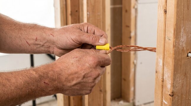 Electrician twisting copper wires together and securing them with a yellow wire nut