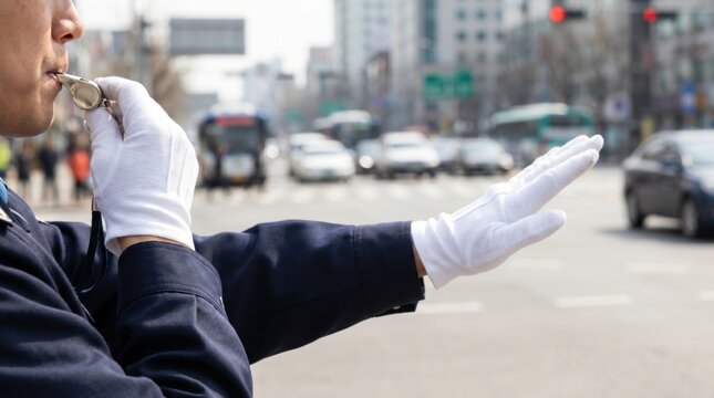 Traffic police officer wearing white gloves blowing a silver whistle and directing cars on a street