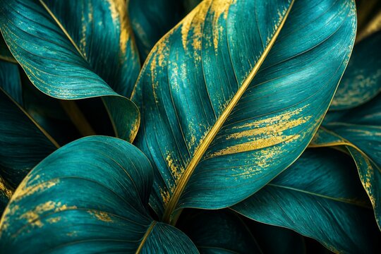 Tropical leaves with teal color and gold paint accents close up studio