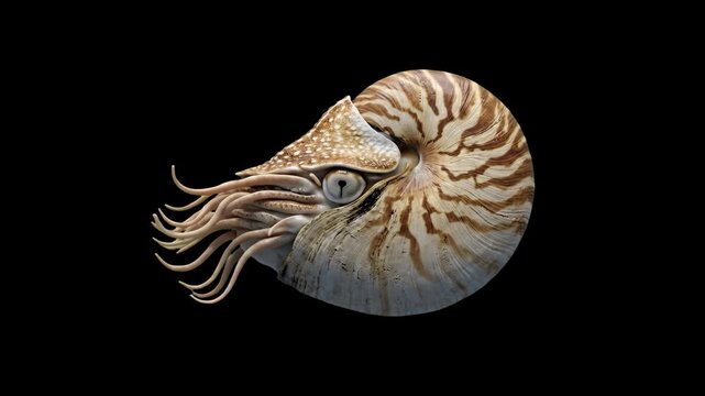 A realistic 3D animated nautilus with a highly detailed spiral shell moves gracefully against a solid black backdrop. This clean prehistoric marine asset is perfect for cinematic ocean sequences, evol