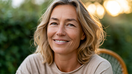 Fototapeta premium Smiling caucasian mature female with blonde hair in outdoor setting