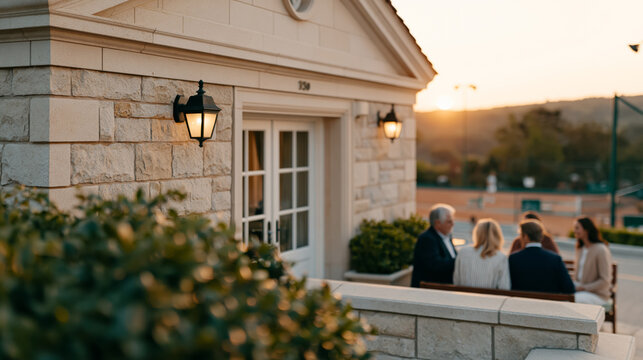 Group of adults conversing on terrace at sunset with stone building and lamps