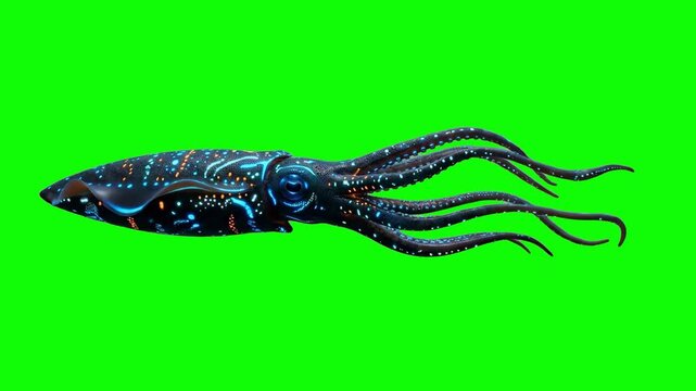 A futuristic, dark-colored alien squid with glowing neon blue and orange bioluminescent patterns swims smoothly against a green screen. This detailed 3D character asset is ideal for science fiction fi