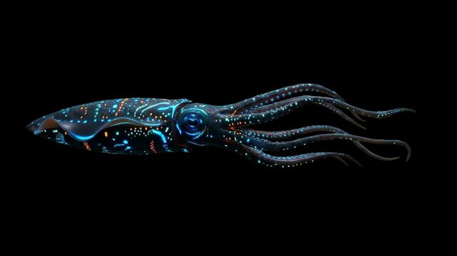A futuristic, dark alien squid with glowing neon blue and orange bioluminescent patterns swims in a 3D animated loop. This sci-fi creature is isolated on a solid black background.