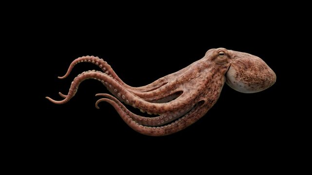 A large brown octopus moves its long tentacles in a realistic 3D animated swimming loop. This marine creature asset is isolated on a solid black background.
