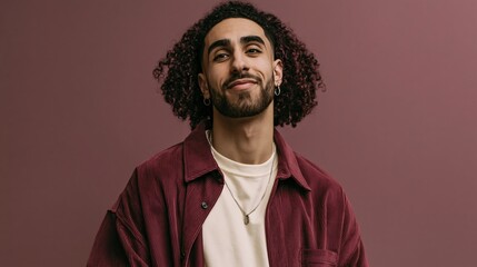 Obraz premium gen team lead young adult middle eastern man studio on plum backdrop