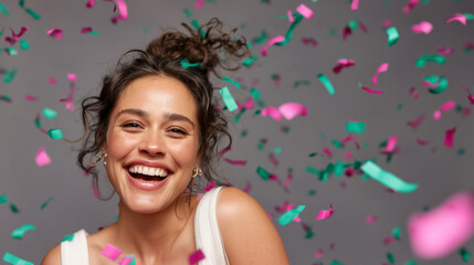 Fototapeta premium Joyful young caucasian female celebrating with colorful confetti and a bright smile