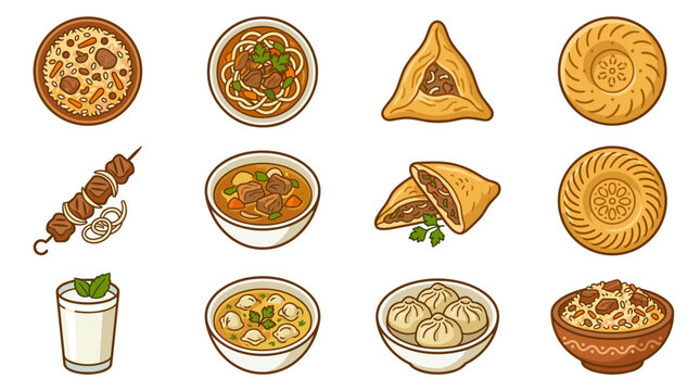 Pixel art icon set featuring various traditional Central Asian dishes like pilaf, shurpa, samsa, lagman, and manti