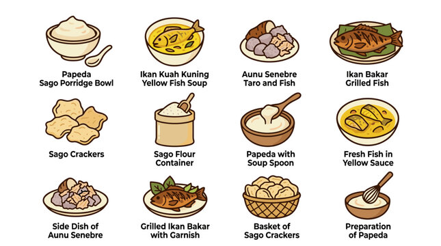 Set of Indonesian traditional foods papeda sago porridge, fish soup, grilled fish, and snacks, flat outline vector illustrations for food menus and culinary designs