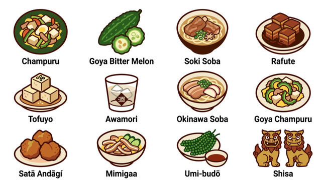 A collection of isolated traditional Okinawan pixel art food and cultural icons including Champuru, Soki Soba, Rafute, and Shisa dogs